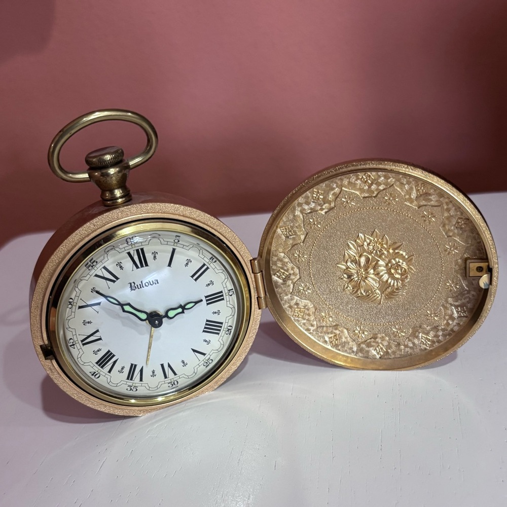 Bulova Gold table Clock with Ornate Cover